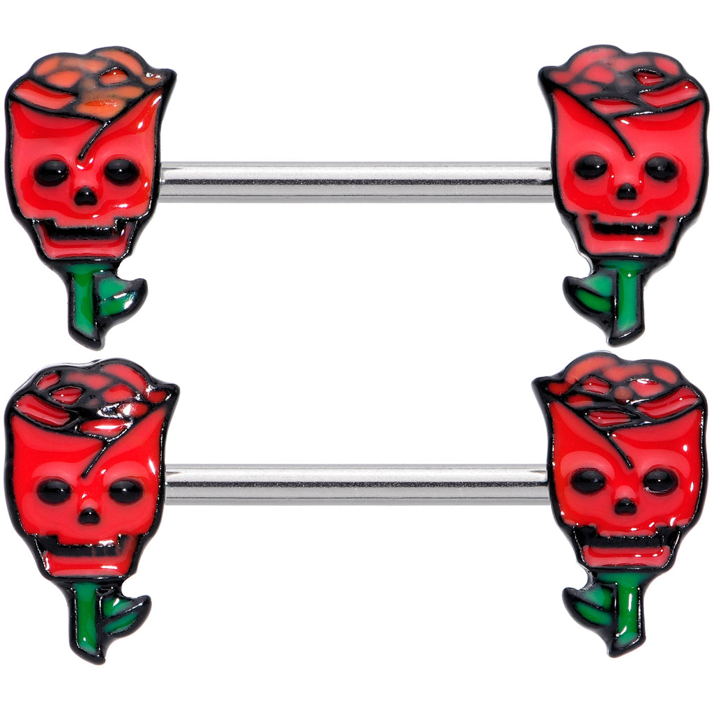 14G 9/16 Skull Red Roses Valentine Barbell Nipple Ring Set