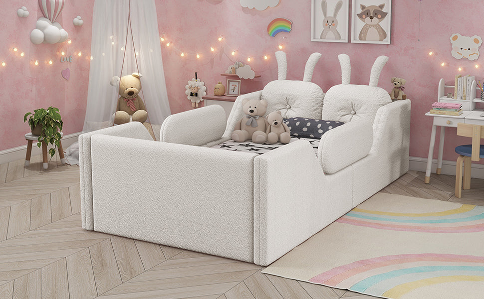 Twin Size Upholstered Platform Bed with Rabbit Cushion, Kids Floor Upholstered Bed with Removable Side Rails, White(Expect Arrival Date 2025/1/15)