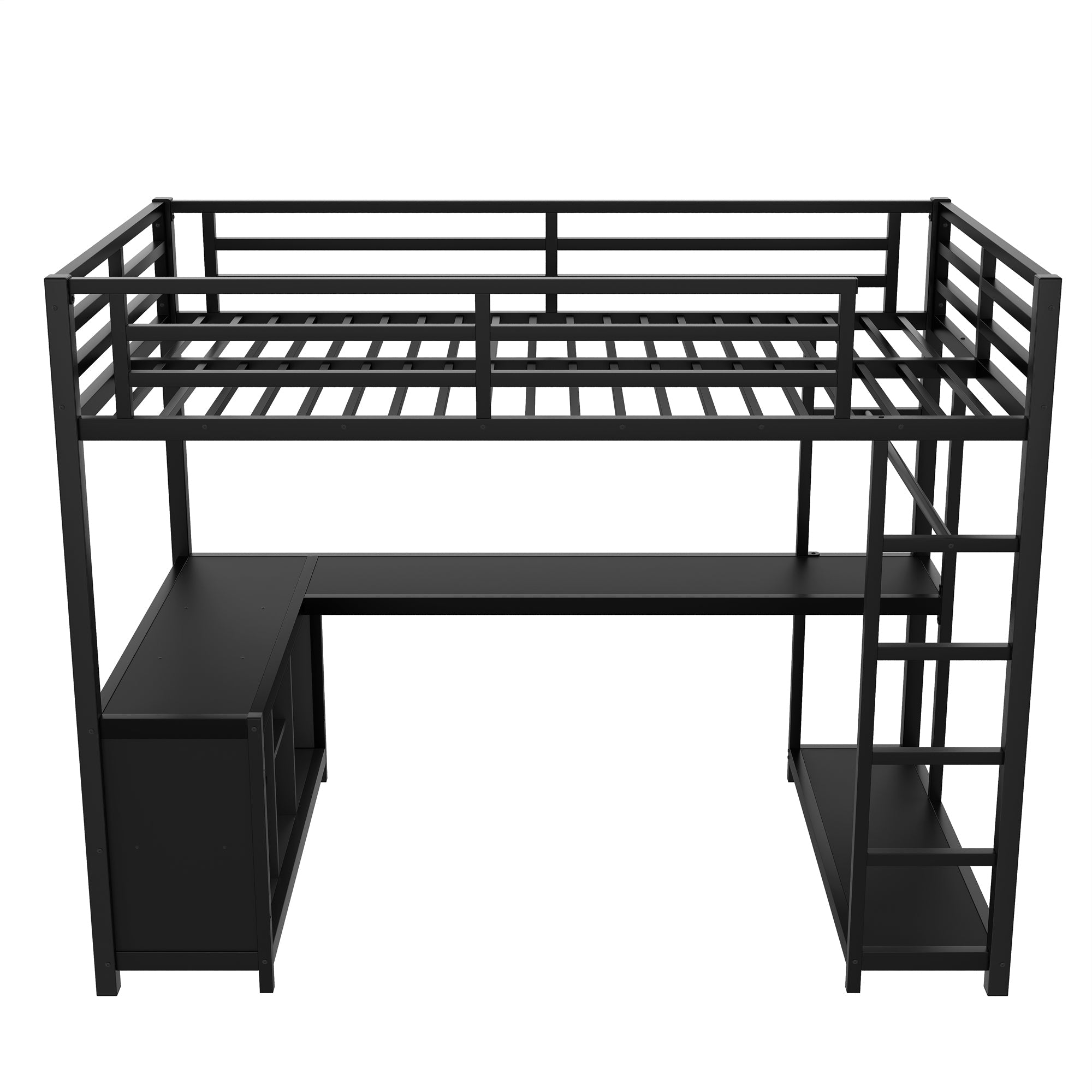 Metal Loft Bed with Wardrobe and L-shaped Desk, Twin XL Size Loft Bed with Storage Cubes and Shelves, Loft Bed for Kids Teens Adults, Black