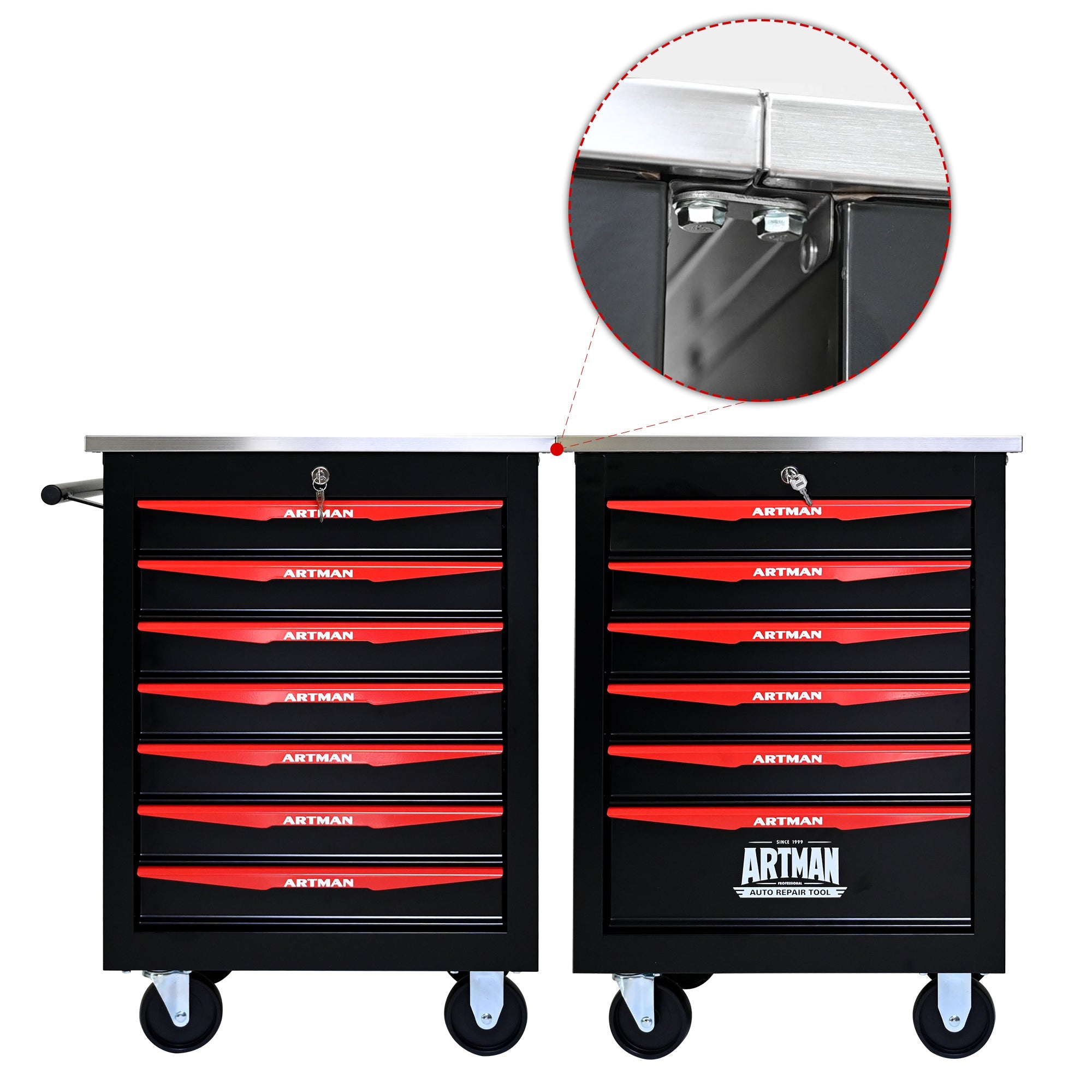 7-Drawer Multifunctional Tool Cart with Wheels, Metal Rolling Tool Cart Storage for Garage Workshop Warehouse Repair Shop - with Stainless Steel Roof - Black & Red