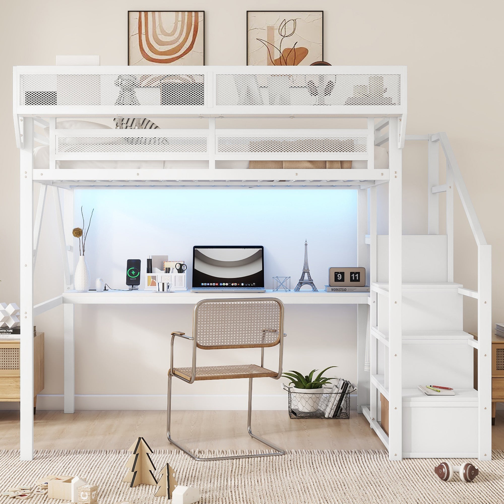 Full Loft Bed with Desk and Charging Station, Full Size Metal Loft Bed with Stairs and Light for Kids Teens,White OLD  SKU W2580S00046