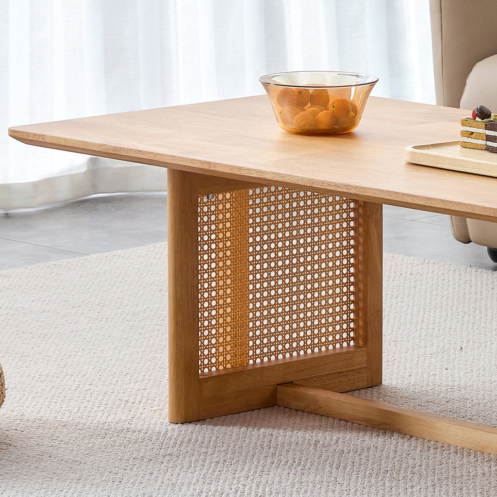 Natural rubber wood and solid wood coffee table  Modern minimalist rattan weaving design, living room balcony, multifunctional small-sized furniture