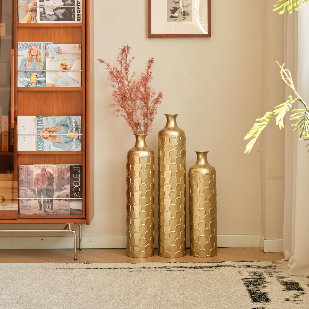 Floor Metal Vases Decorated White Metal Vases Set of 3 Gorgeous Home Decoration Large Glazed Metal Vases 25.2in/29.33in/34.25in Height