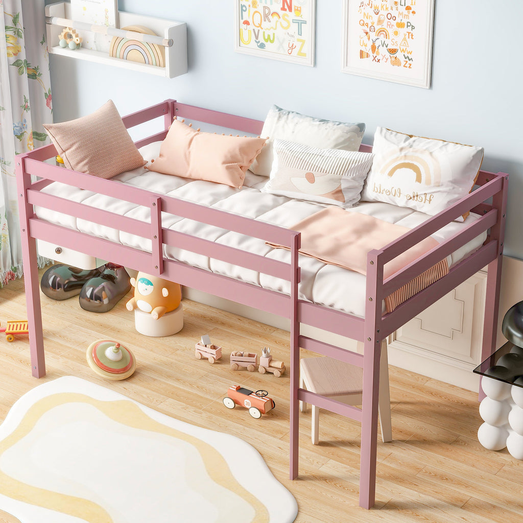 Solid Wooden, Rubber Wooden Twin Loft Bed with Ladder, Bed Platform of Strengthened Slats, Pink