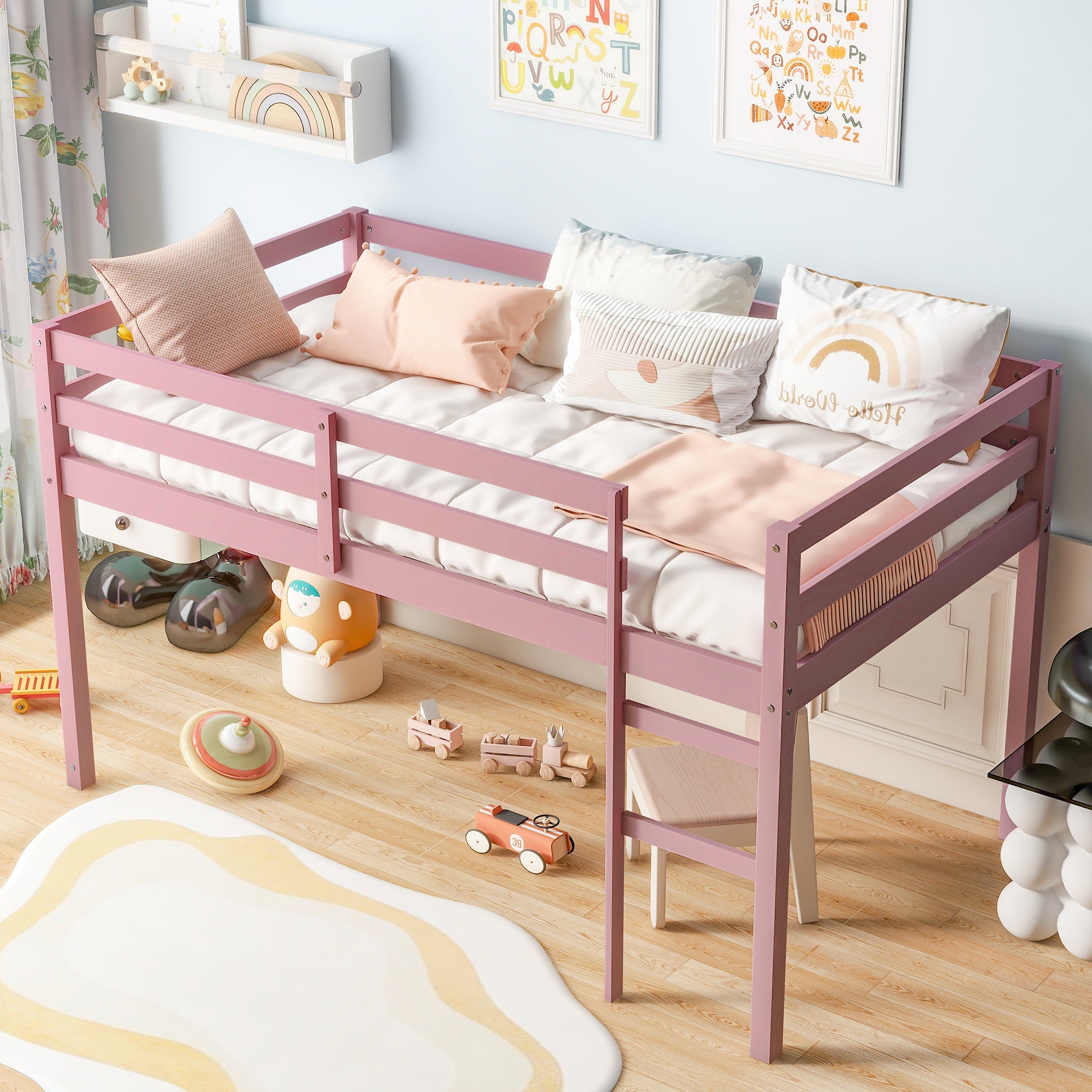 Solid Wooden, Rubber Wooden Twin Loft Bed with Ladder, Bed Platform of Strengthened Slats, Pink