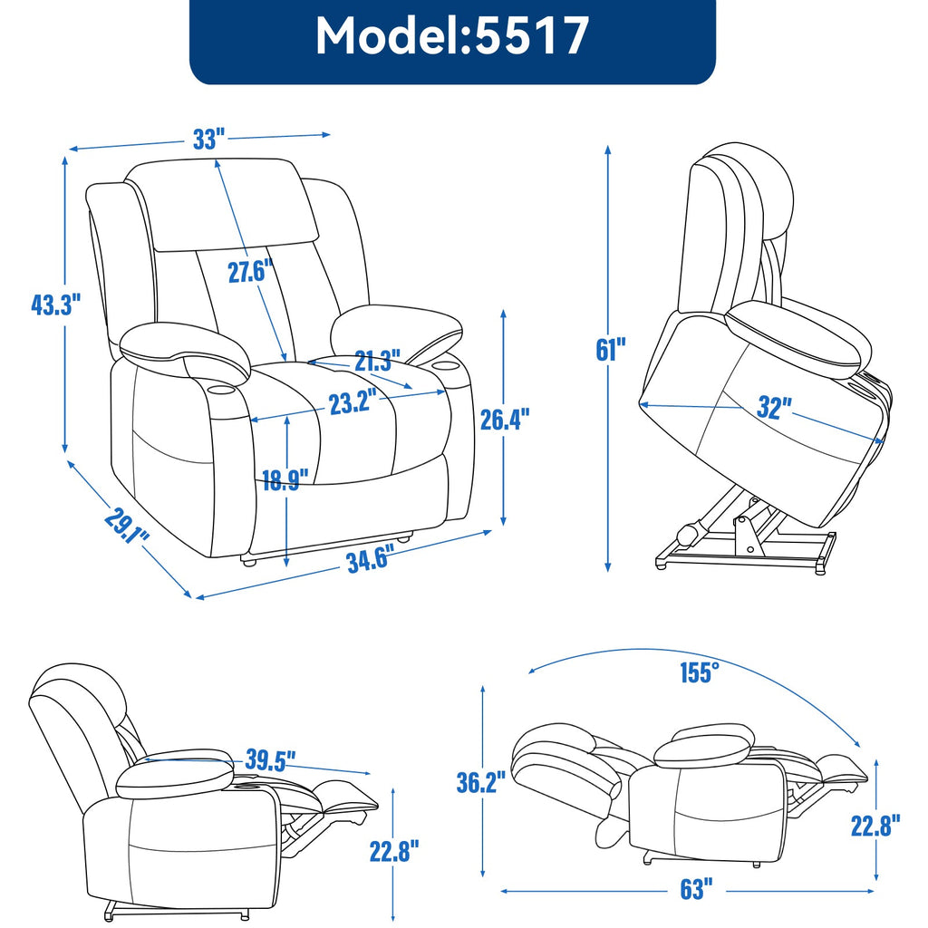 Up to 350 LBS Chenille Power Lift Recliner Chair, Heavy Duty Motion Mechanism with 8-Point Vibration Massage and Lumbar Heating, USB and Type-C Ports, Stainless Steel Cup Holders, Brown