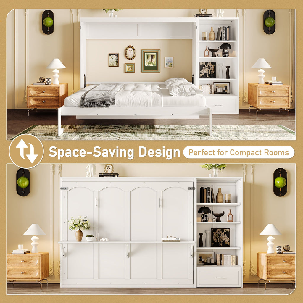 Queen Size Murphy Bed with Height Adjustable Storage Compartments and Shelf, Wall Bed Frame With 1 Drawer, Multifunctional Foldable Platform Bed for Small Space,Bedroom,Guest Room, White