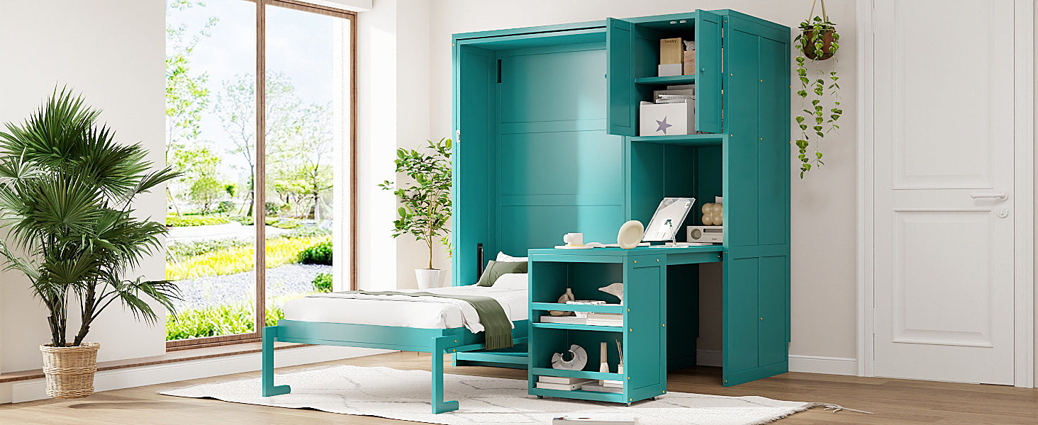 Twin Size Rotating Wall Murphy Beds with Bookshelf, Top Cabinet, Extendable Desk & Side Storage, Teal