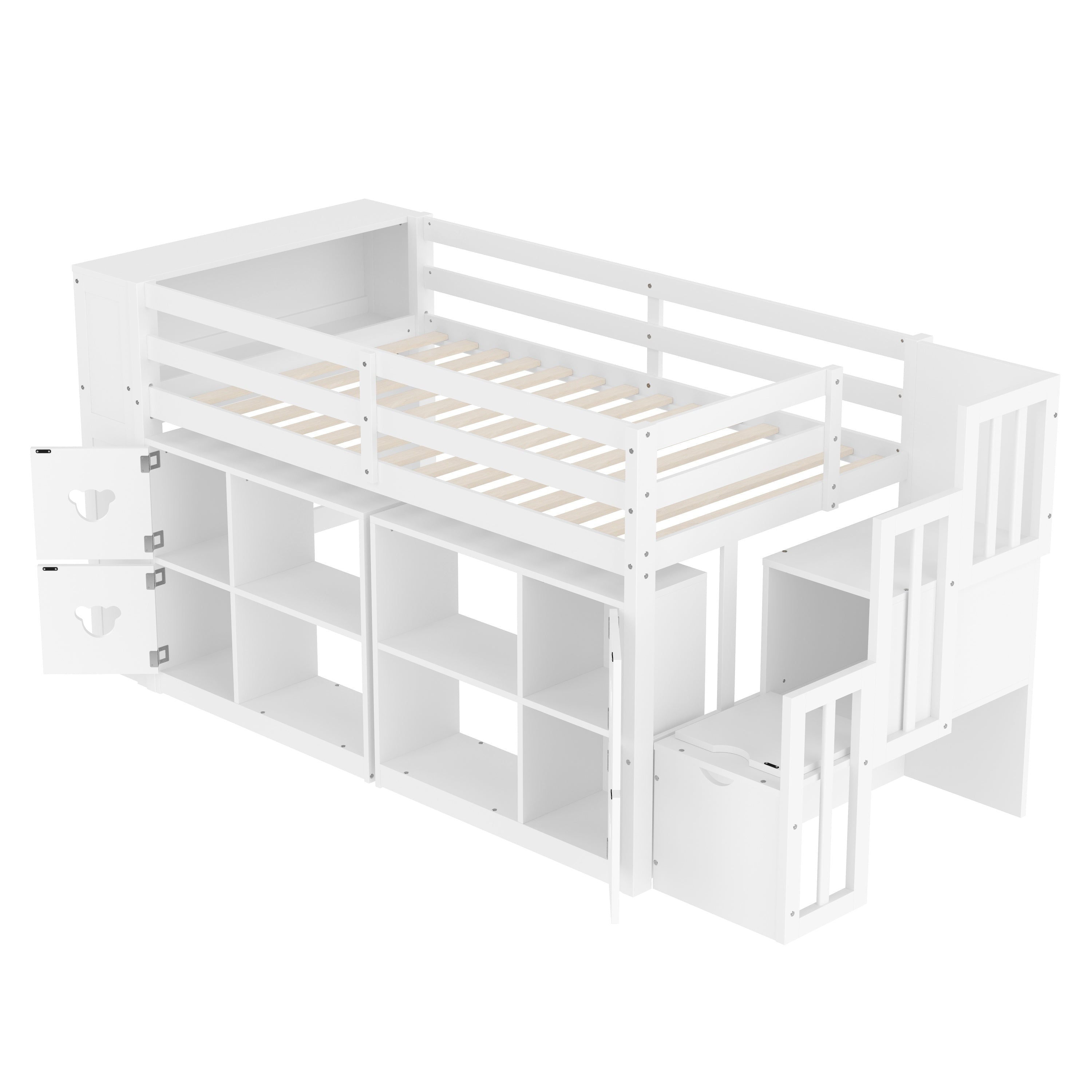 Kids Twin Loft Bed with Storage Cabinets, Staircase Drawers & LED Lights – Solid Wood Low Loft Bed with Shelves, Guardrails, and Fun Bear Handles – Space-Saving Design for Boys & Girls Bedroom (White)
