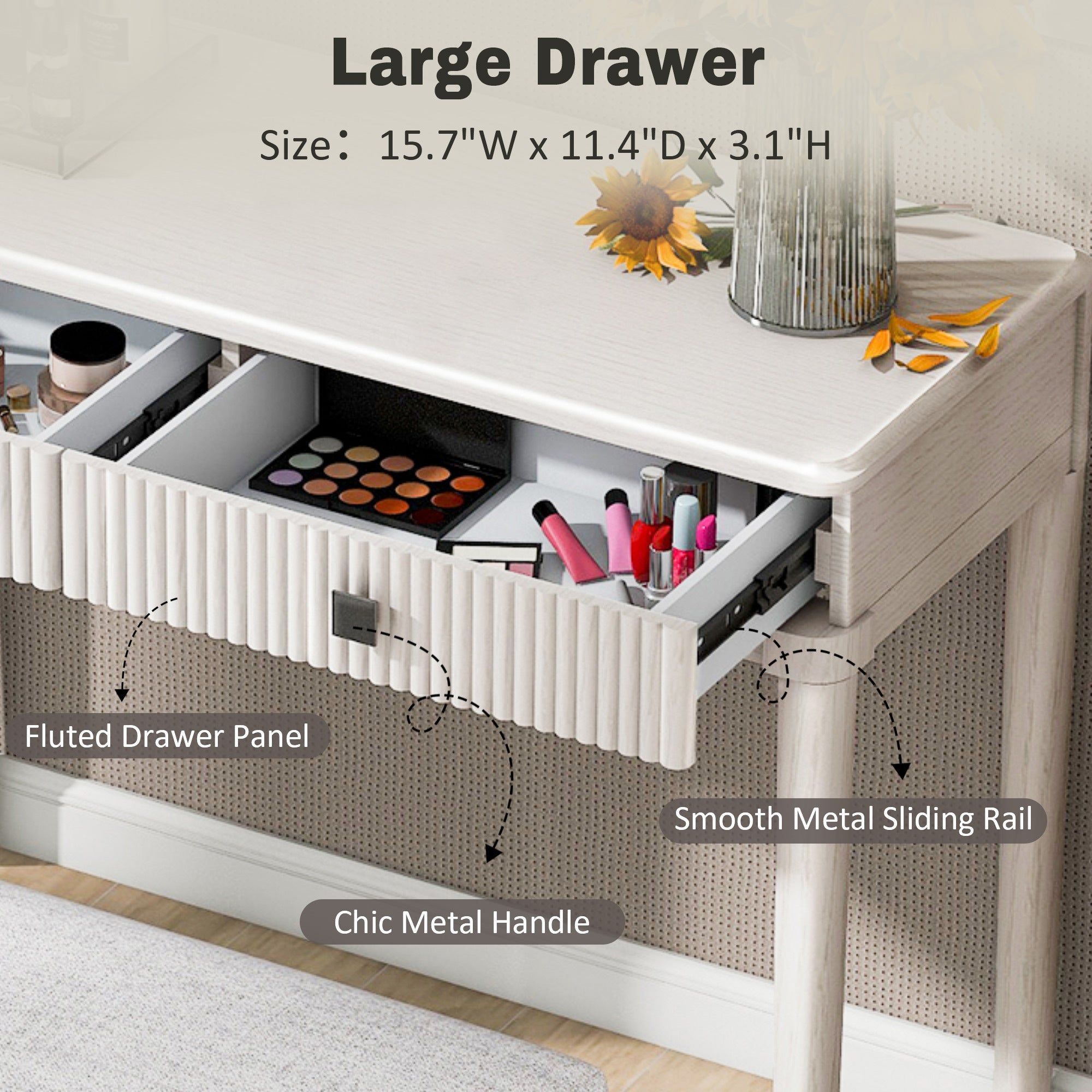 Modern Vanity Desk with Mirror, Adult Makeup Table Set with Stool, Home Office Desk, 2 Large Drawers, White