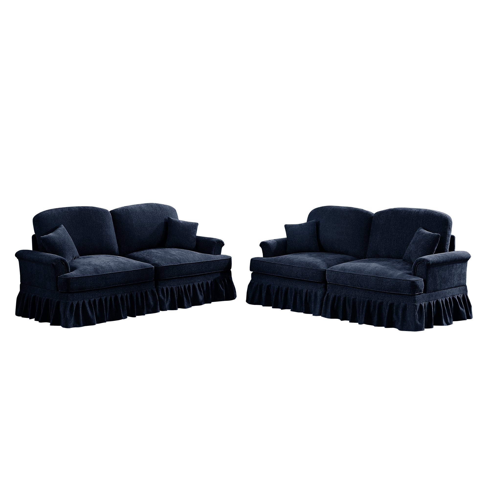 Classic 2 Piece Modular Couch Living Room Sofa Set with Flared Arms and Removable Ruffles Pleats Skirts and Spindle Legs, 2Seater Sofa + 2-Seat Loveseat Sofa Sets for Living Room, Blue
