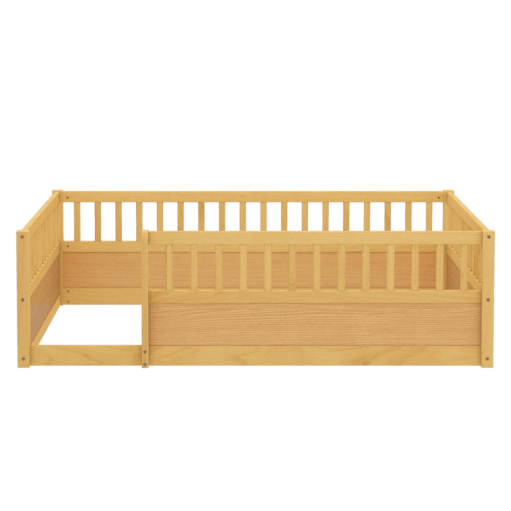 Full Floor Bed Frame with Fence, Montessori wooden children's floor bed,Wood Kids Floor Beds Frame for Bedroom Playroom,Natural