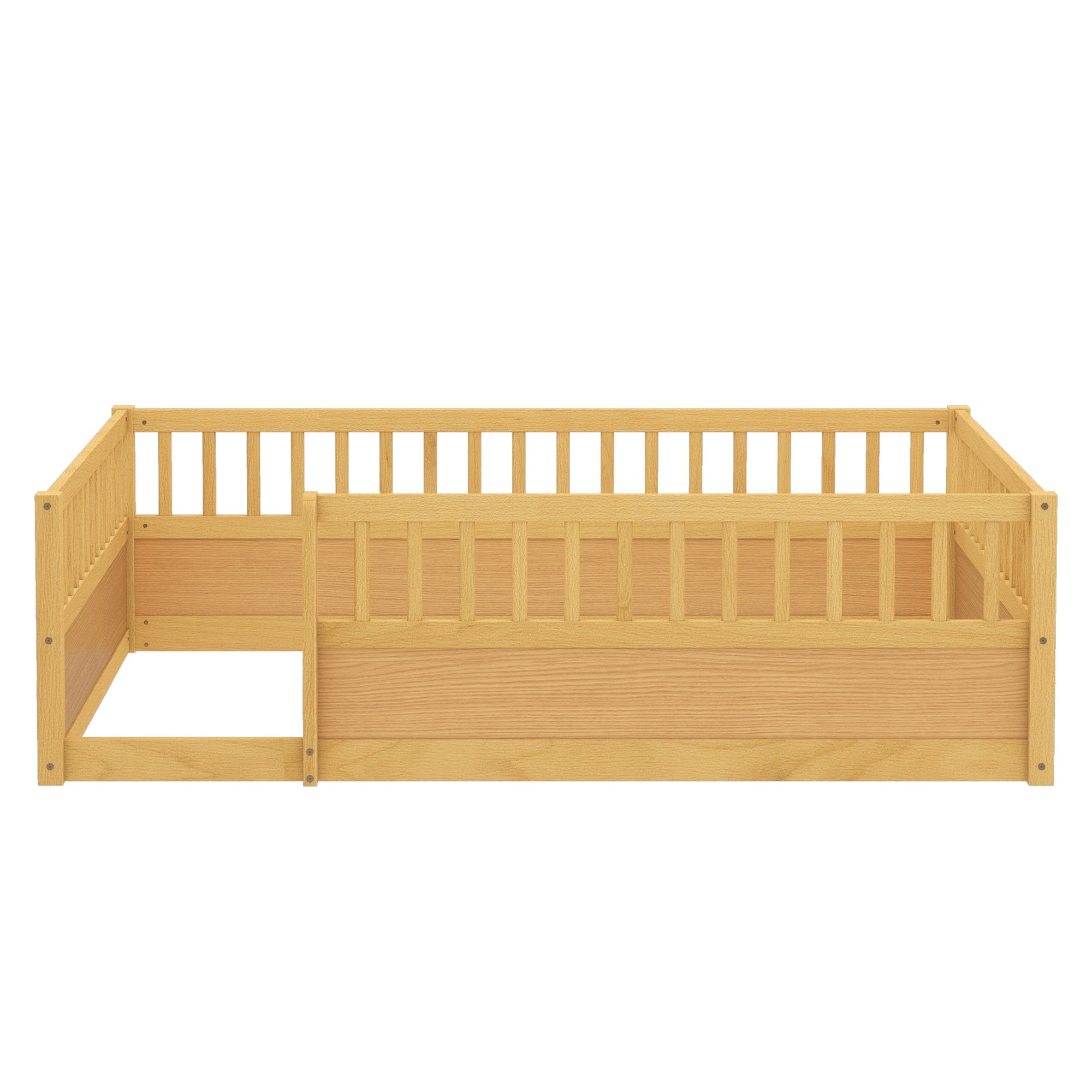 Full Floor Bed Frame with Fence, Montessori wooden children's floor bed,Wood Kids Floor Beds Frame for Bedroom Playroom,Natural