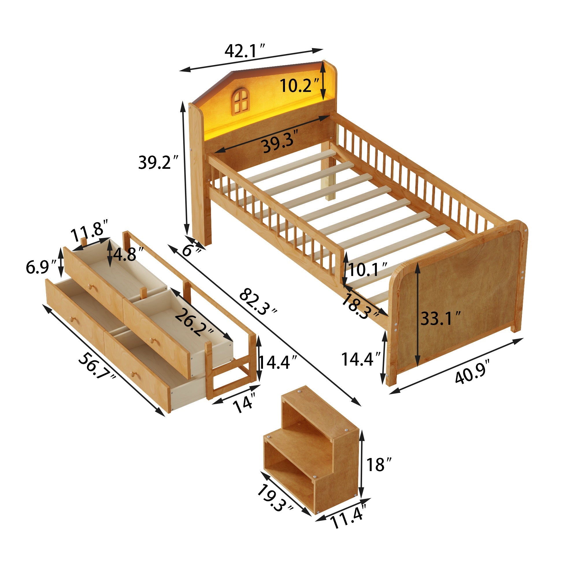 Low Loft Bed with LED Lights, Wooden Twin Loft Bed with House Shape Headboard, Kids Loft Bed with Storage Drawers, Natural (Expect Arrival Date 2025/1/20)