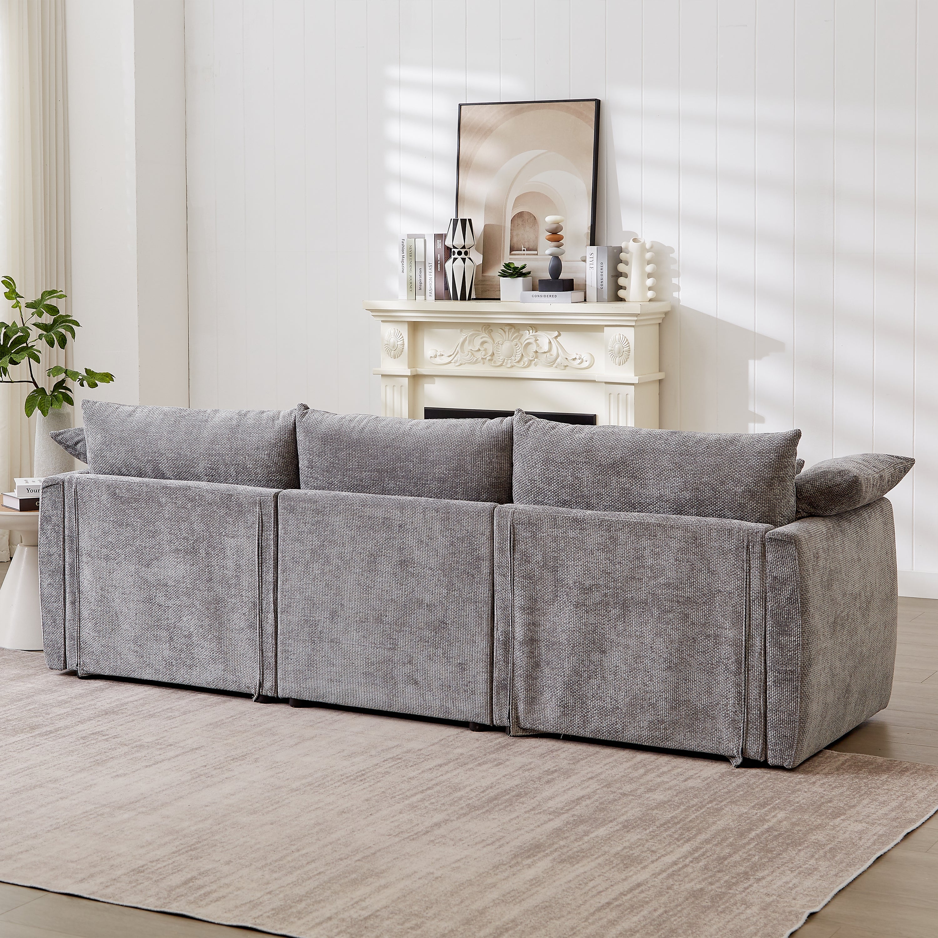 98.5' 3-seater sofa with unique design and soft arm pillows Contemporary style linen sofa with 3 comfortable cushions with 2 pillows Suitable for living room bedroom and office,grey