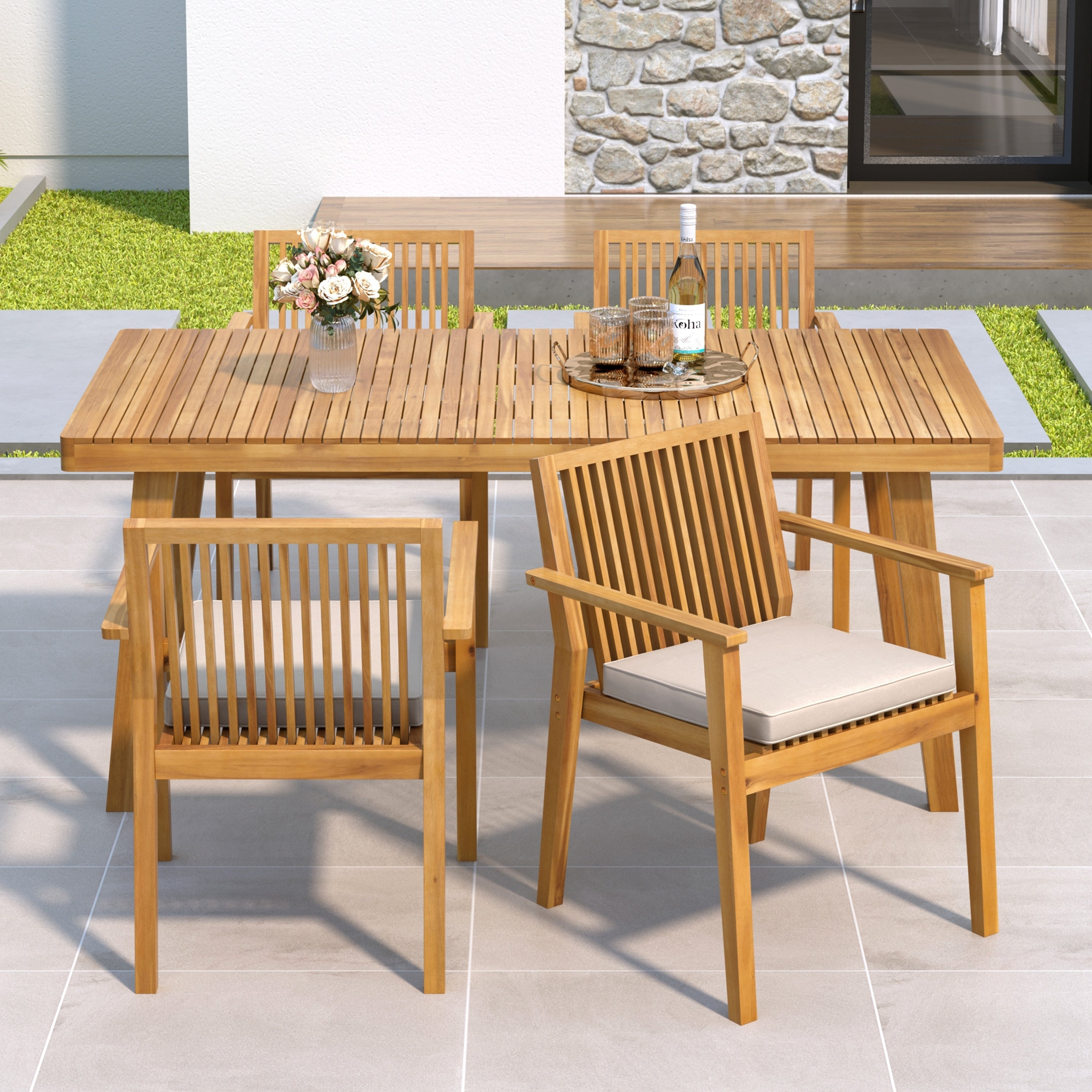 Durable 5 - Piece Patio Furniture Set Acacia Wood Table and 4 Heavy-Duty Cushioned Chairs, Natural
