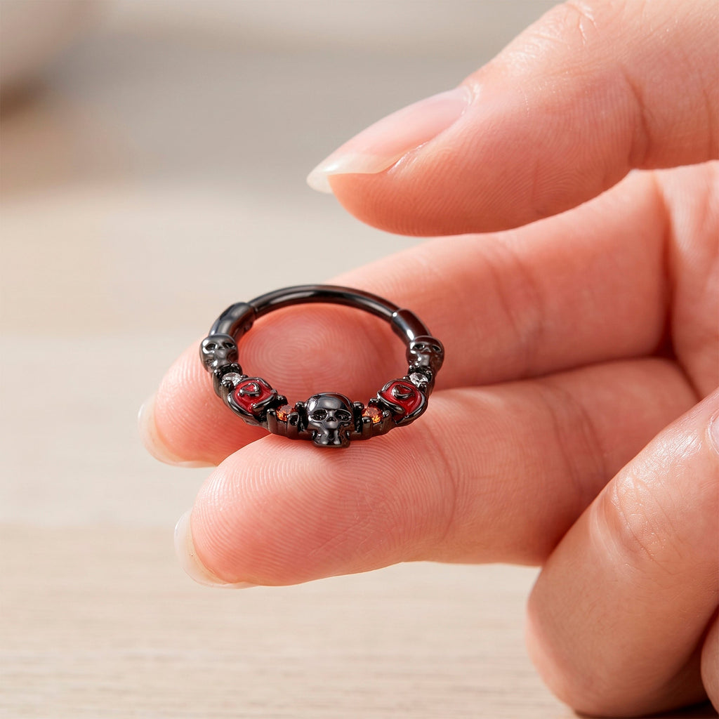 16G 3/8 Red Clear CZ Gem Black Skull Halloween Hinged Segment Ring