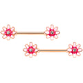 14G 5/8 Clear Gem Rose Gold Tone Pink Flower Nipple Ring Set