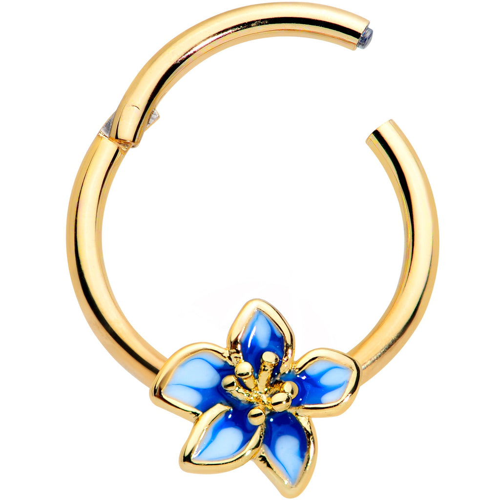 16G 3/8 Gold Tone White Blue Flower Hinged Segment Ring
