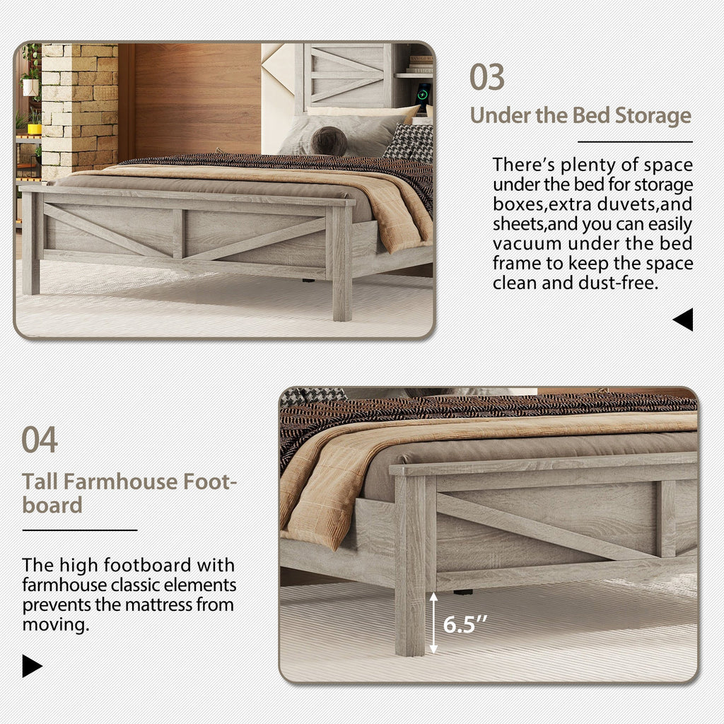 3-Pieces Bedroom Sets Queen Size Farmhouse Platform Bed with Double Sliding Door Storage Headboard and Charging Station, Storage Nightstand and Dresser, Antique Gray(Old SKU HL000092AAG)