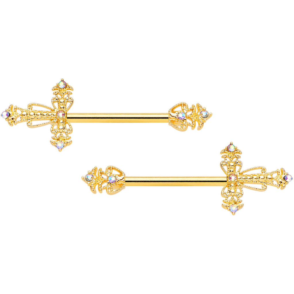 14G 9/16 Clear CZ Gem Gold Tone Scrolling Cross Nipple Ring Set