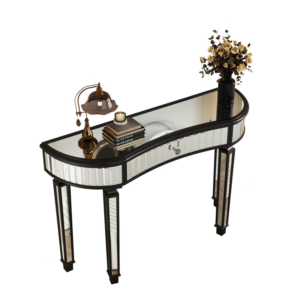 47' Half-Moon Mirrored Console Table with Fluted Glass & Crystal Knob Drawer - Silver Entryway Vanity Desk for Bedroom/Dressing Room(Black+Sliver)