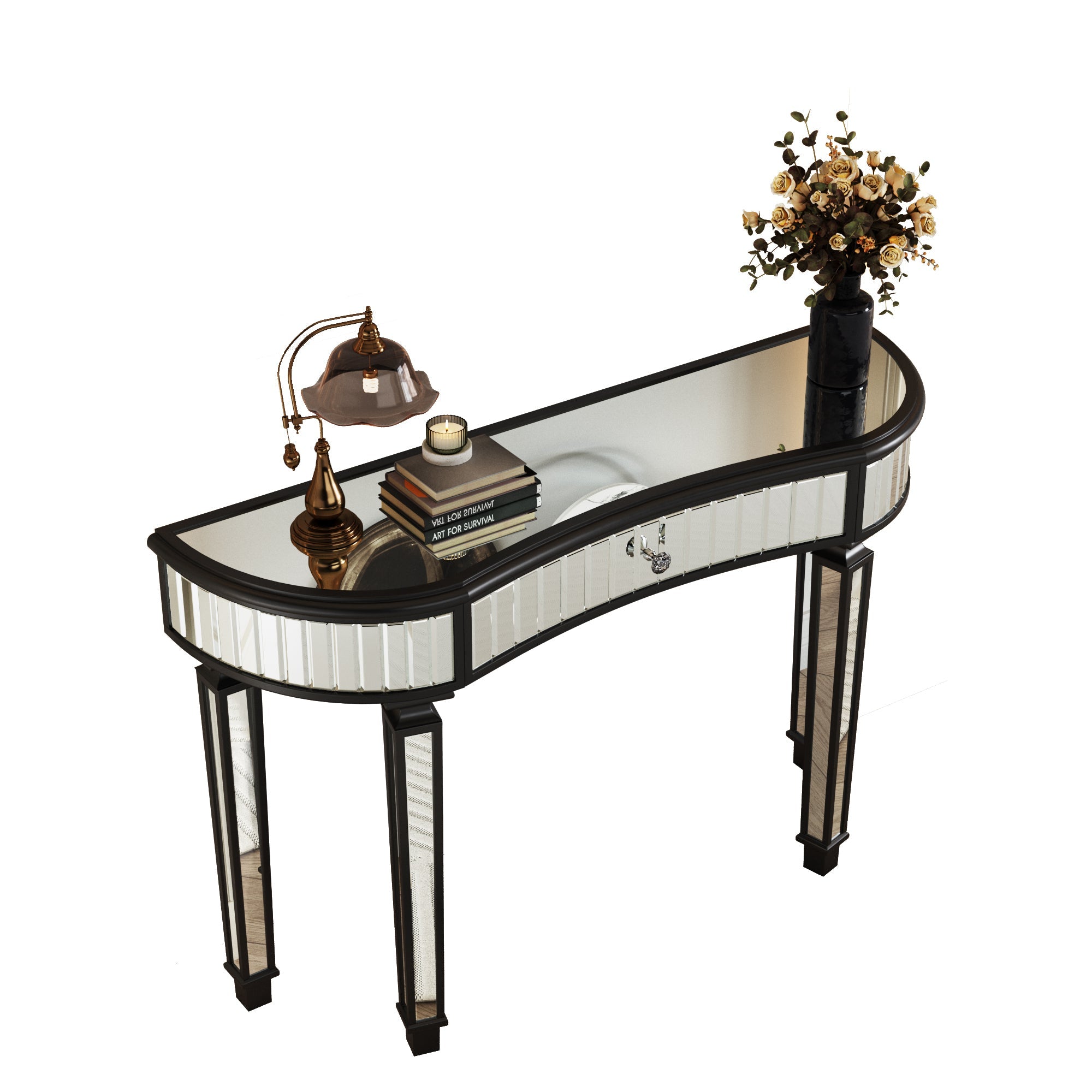 47' Half-Moon Mirrored Console Table with Fluted Glass & Crystal Knob Drawer - Silver Entryway Vanity Desk for Bedroom/Dressing Room(Black+Sliver)
