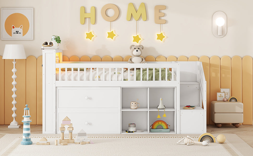 Twin Size Loft Bed with LED and Bookshelf, Wood Low Loft Bed with Stairs, Kids Twin Loft Bed with Storage Drawers and Shelves,White (Expect Arrival Date 2025/1/20)