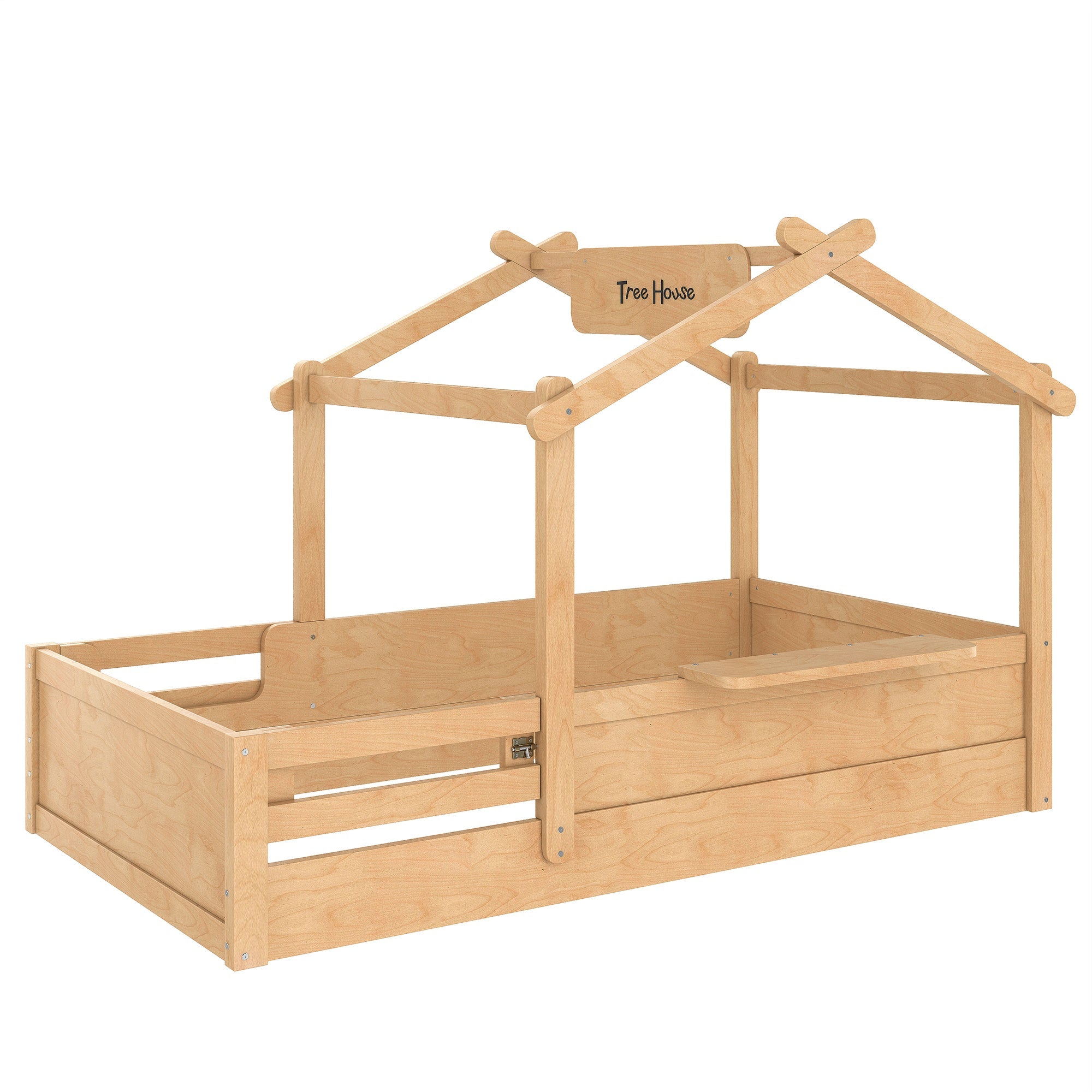 Twin Size Floor Bed with Guardrails and Roof, Kids House Floor Bed with a Small Built-in Tray and Free-installed Signboard, Childlike Design, Natural