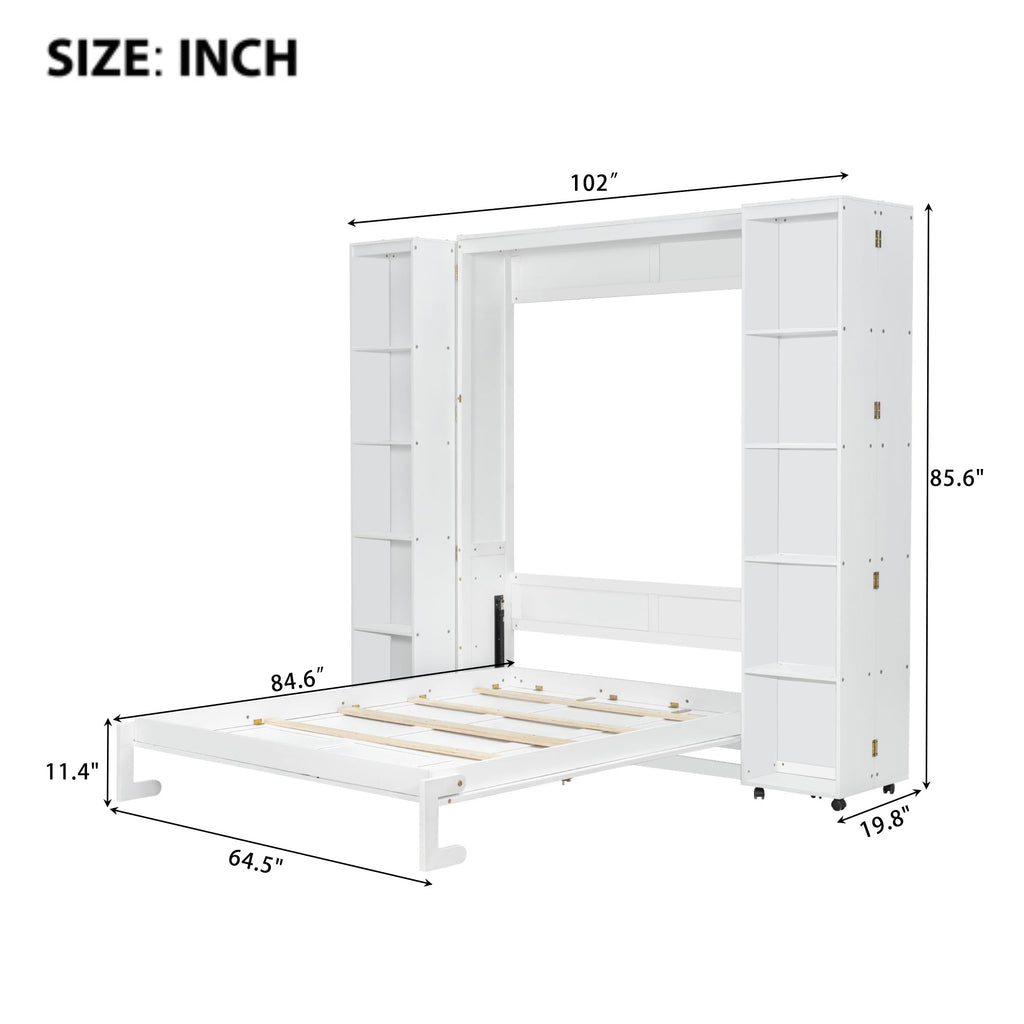 Queen Murphy Bed Wall Bed with Storage Doors, White