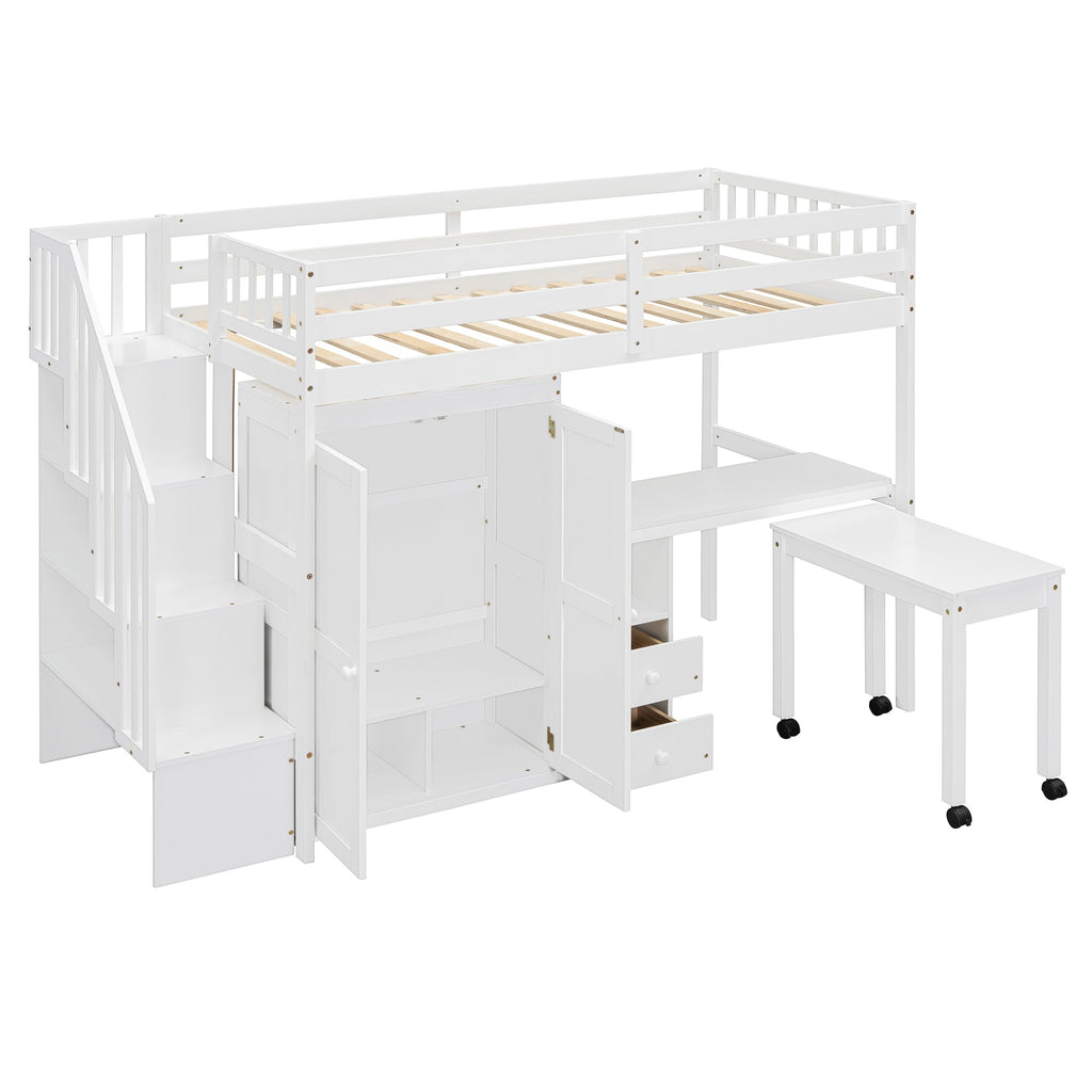 Twin Size Loft Bed with Stairs, Bookshelf, Drawers, Desk & Wardrobe – Space-Saving Multifunctional Furniture for Kids & Teens-White