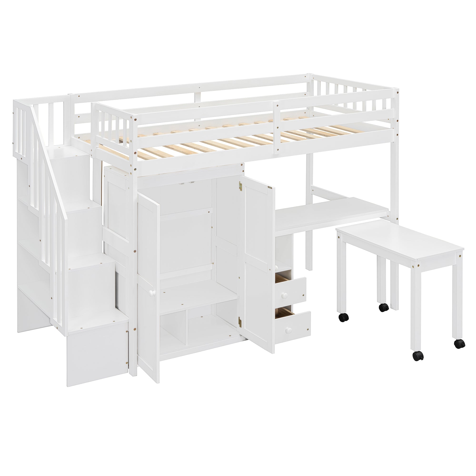 Twin Size Loft Bed with Stairs, Bookshelf, Drawers, Desk & Wardrobe – Space-Saving Multifunctional Furniture for Kids & Teens-White