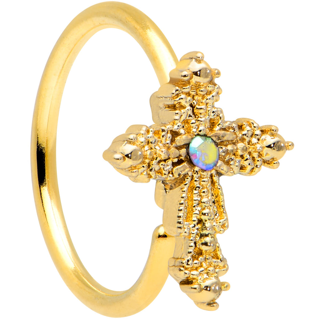 20G 5/16 Aurora CZ Gem Gold Tone Subtle Cross Nose Hoop