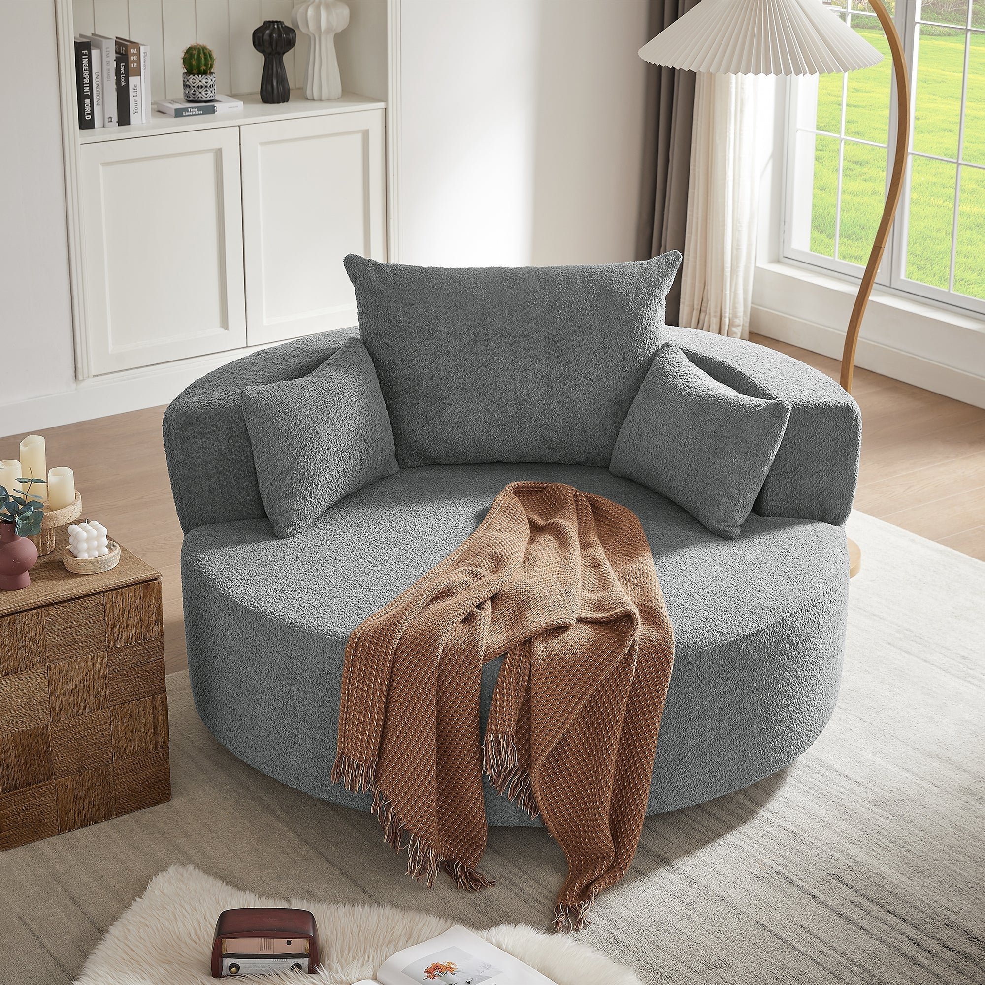 Modern Accent Swivel Barrel Chair with Removable Pillows, Grey Chenille, 56.3x56.3x35.5 in