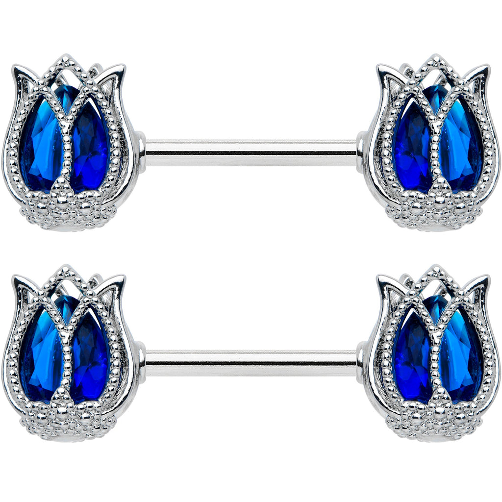 14G 9/16 Blue Gem Tulip Flower Barbell Nipple Ring Set