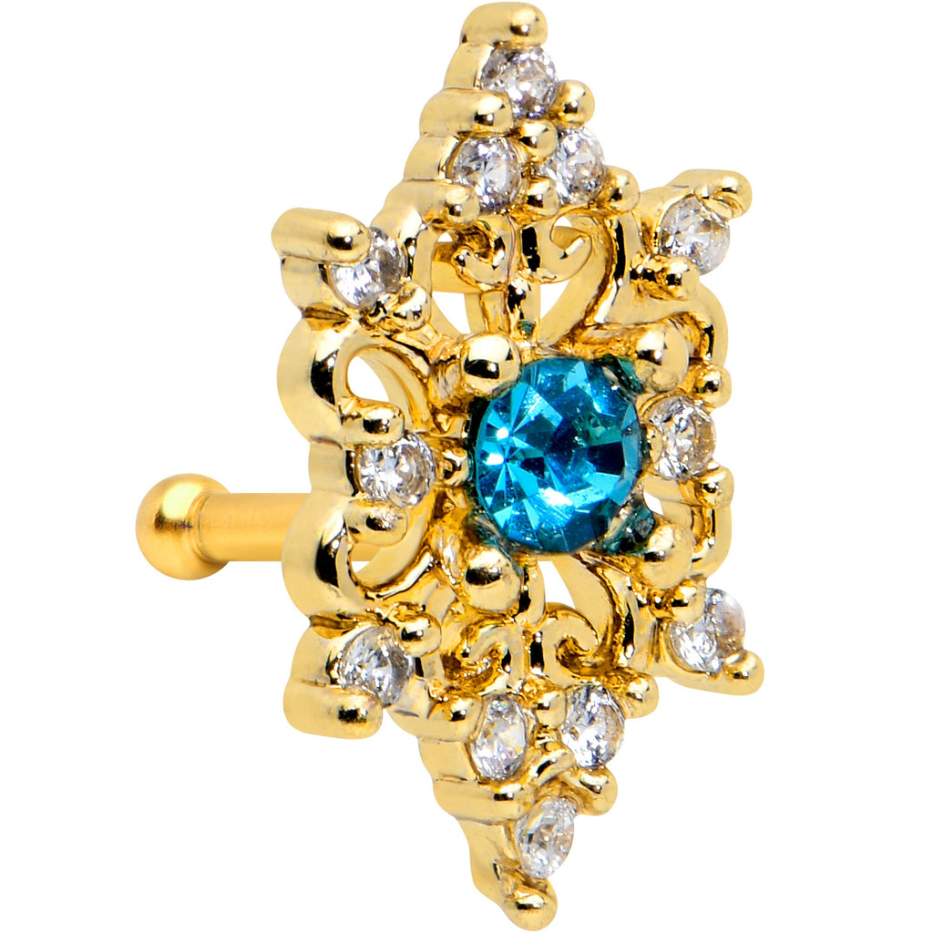 20G 1/4 Clear Blue Gem Gold Tone Royal Heart Nose Bone