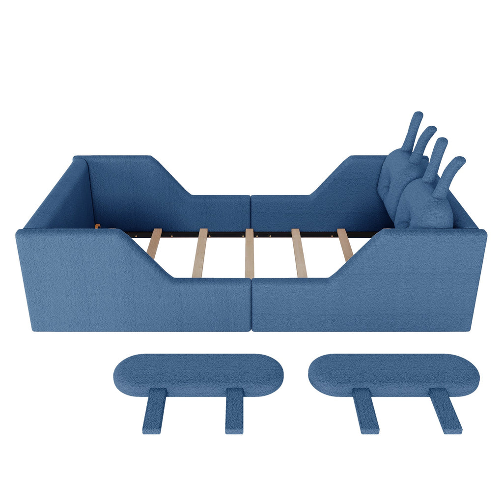 Twin Size Upholstered Platform Bed with Rabbit Cushion, Kids Floor Upholstered Bed with Removable Side Rails, Blue(Expect Arrival Date 2025/1/15)
