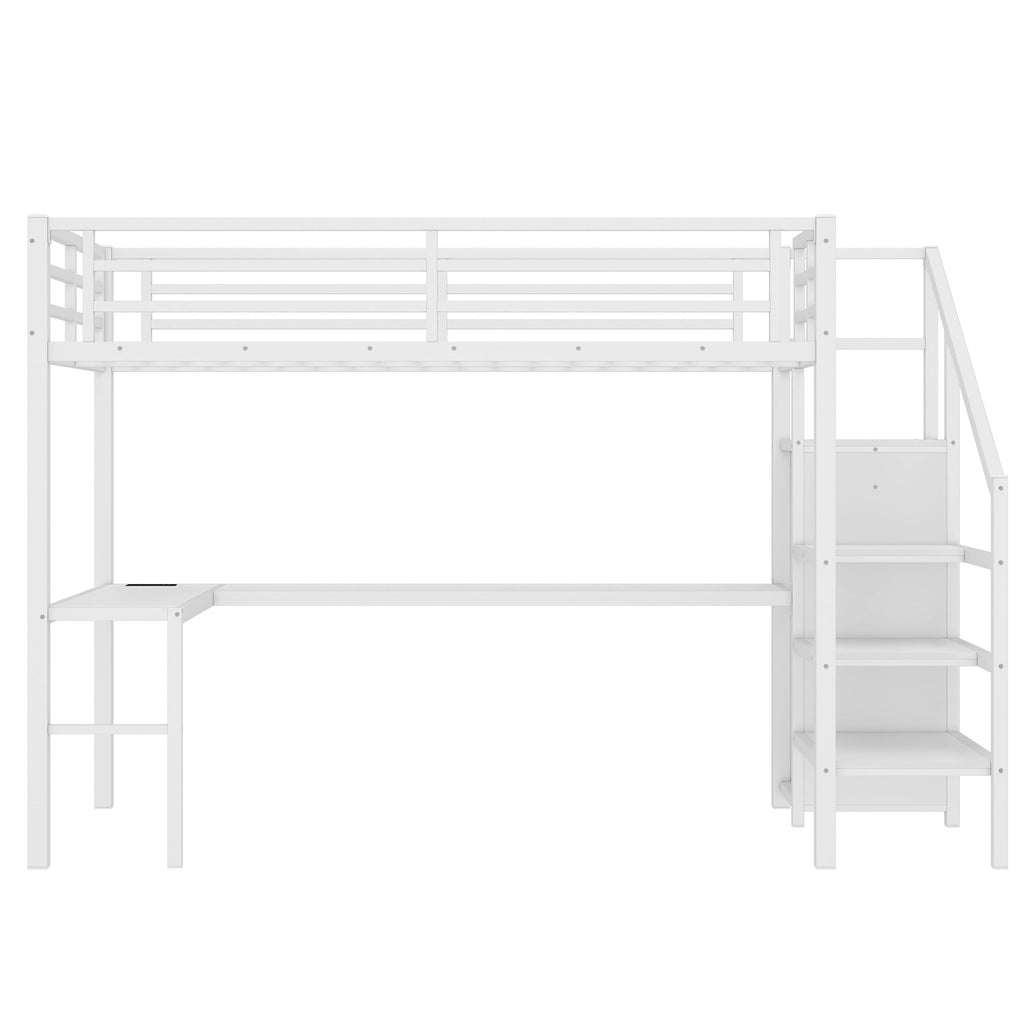 Twin XL Size Loft Bed with L-shaped Desk and USB, Metal Loft Bed with Wardrobe and Adjustable Shelf, High Loft Bed with LED for Kids Teens Adults, White