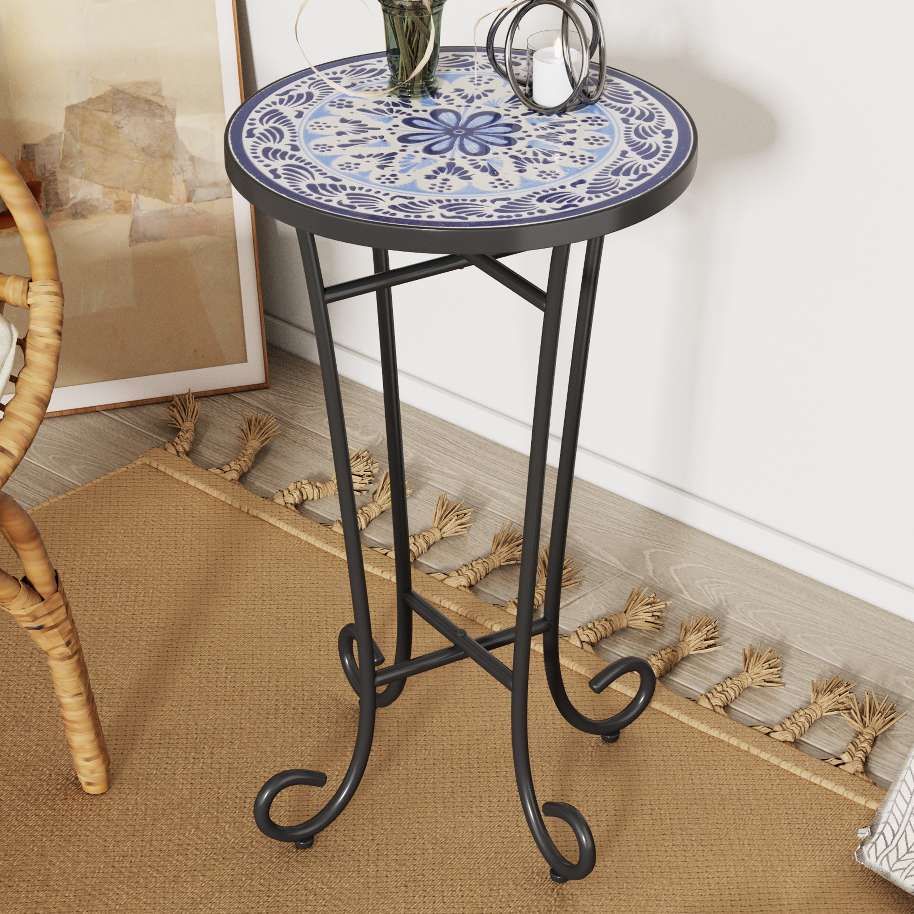French Country Patio Side Table with Vibrant Tile Top, Blue and Black, Ceramic Tile and Iron, 14x14x23.25 Inches