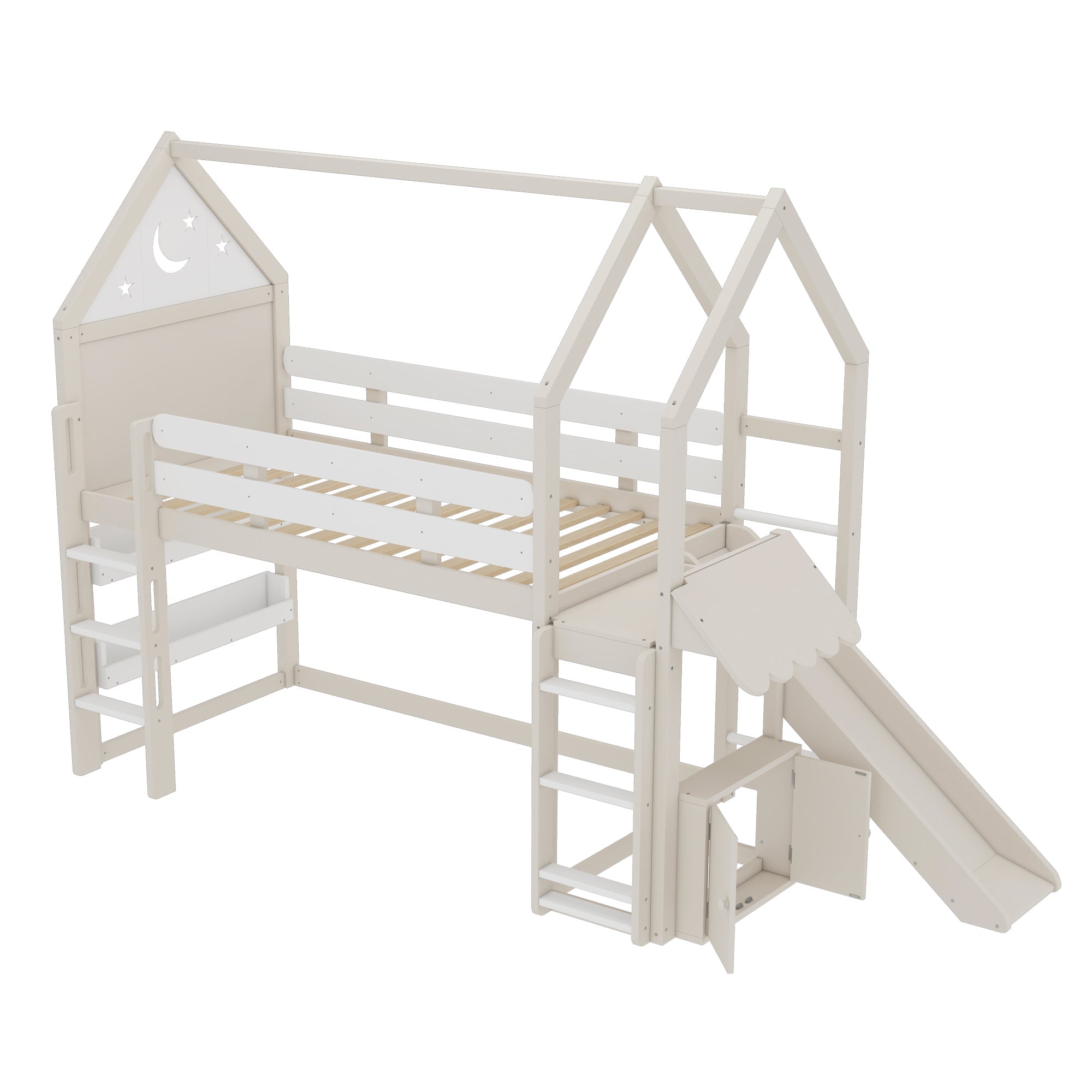 Twin Size Loft Bed with Bookshelf Playful Design for Kids House-Shaped Structure with Slide High-Quality Safety Rails,Beige