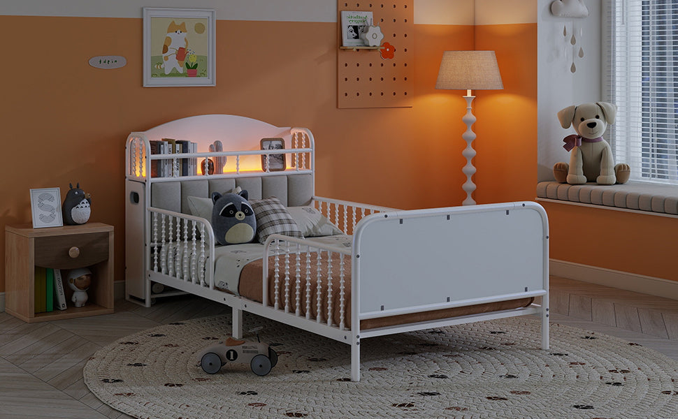 Twin Size Metal Platform Bed Frame with Light, Kids Twin Metal Bed with Upholstered and Pull Out Storage Shelves, White (Expect Arrival Date 2025/10/5)