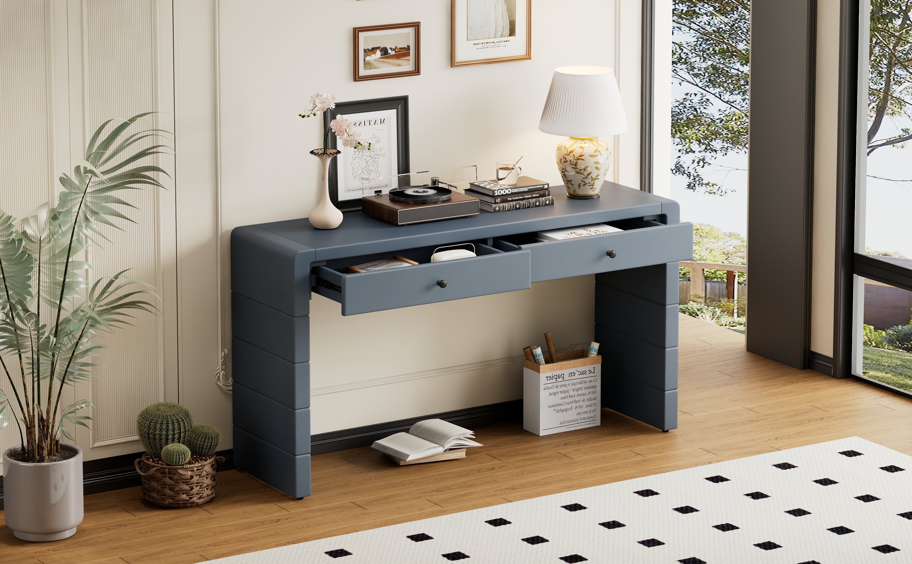 TREXM Curved Console Table with Storage, Wooden Entryway Table with 2 Drawers, Farmhouse Rustic Console Tables for Entryway, Hallway, Living Room, Navy