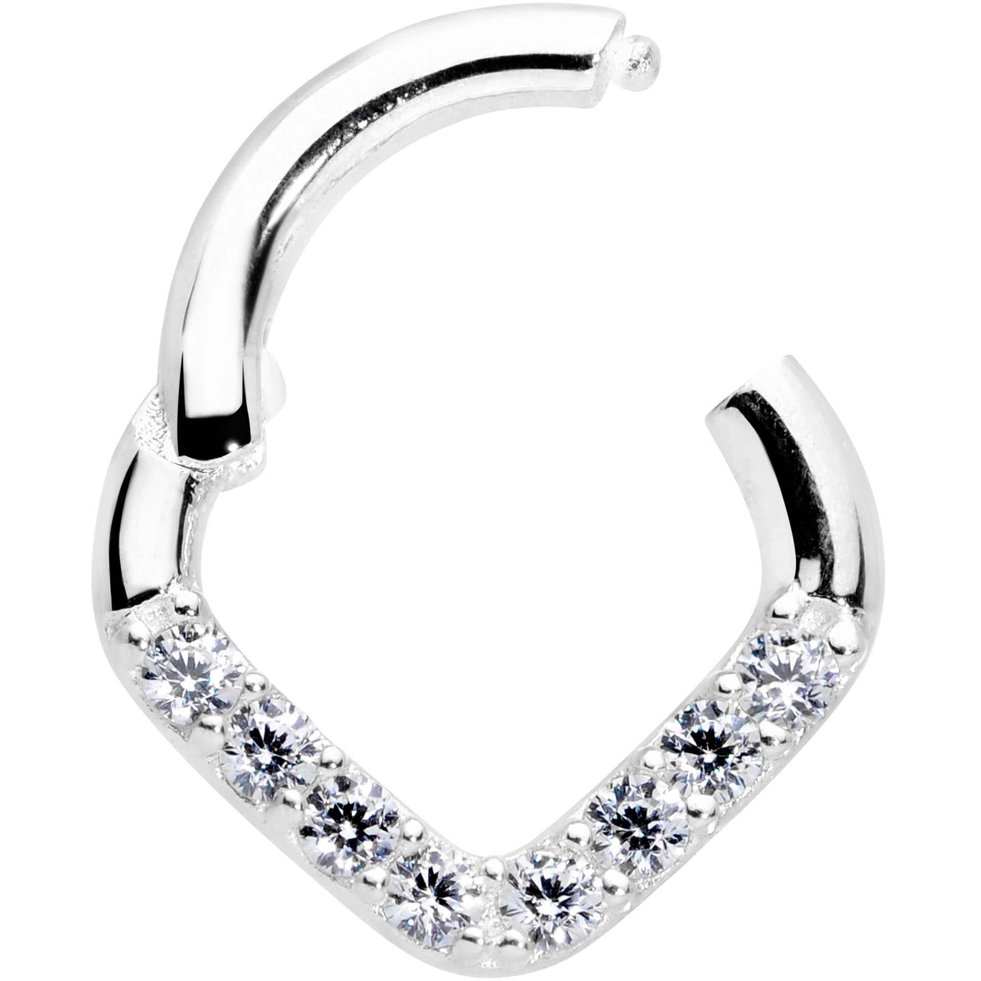 16G 1/4 14k White Gold Clear CZ Gem Chevron Hinged Segment Ring