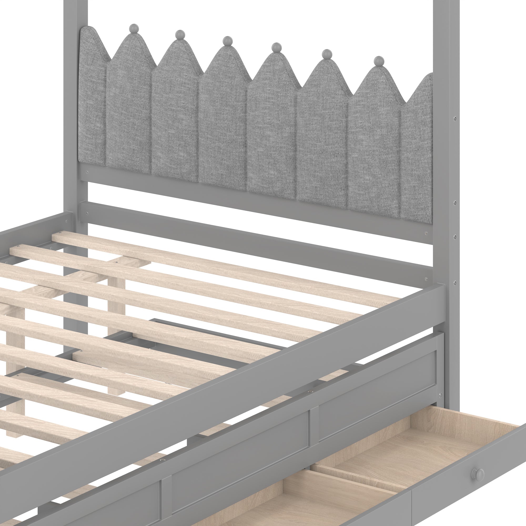 Full Platform Bed with Upholstered Headboard,Twin Size Trundle and 3 Drawers,Princess Canopy Bed Frame for Kids,Storage & Easy Assembly,Gray.
