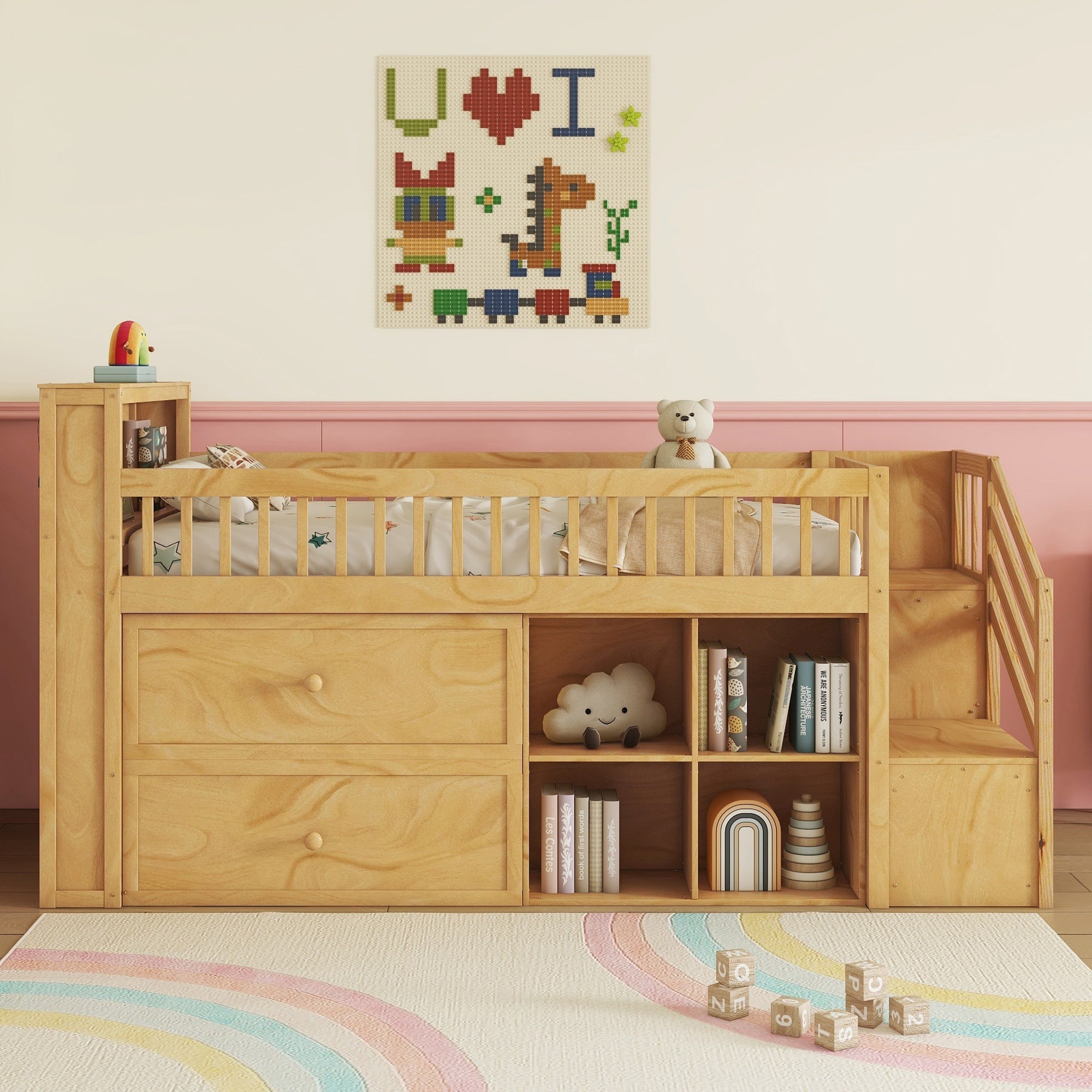 Twin Size Loft Bed with LED and Bookshelf, Wood Low Loft Bed with Stairs, Kids Twin Loft Bed with Storage Drawers and Shelves, Natural (Expect Arrival Date 2025/1/20)