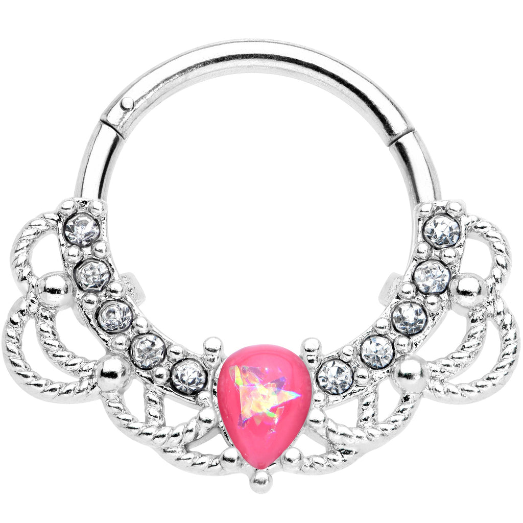 16G 3/8 Pink Faux Opal Lace Lover Hinged Segment Ring