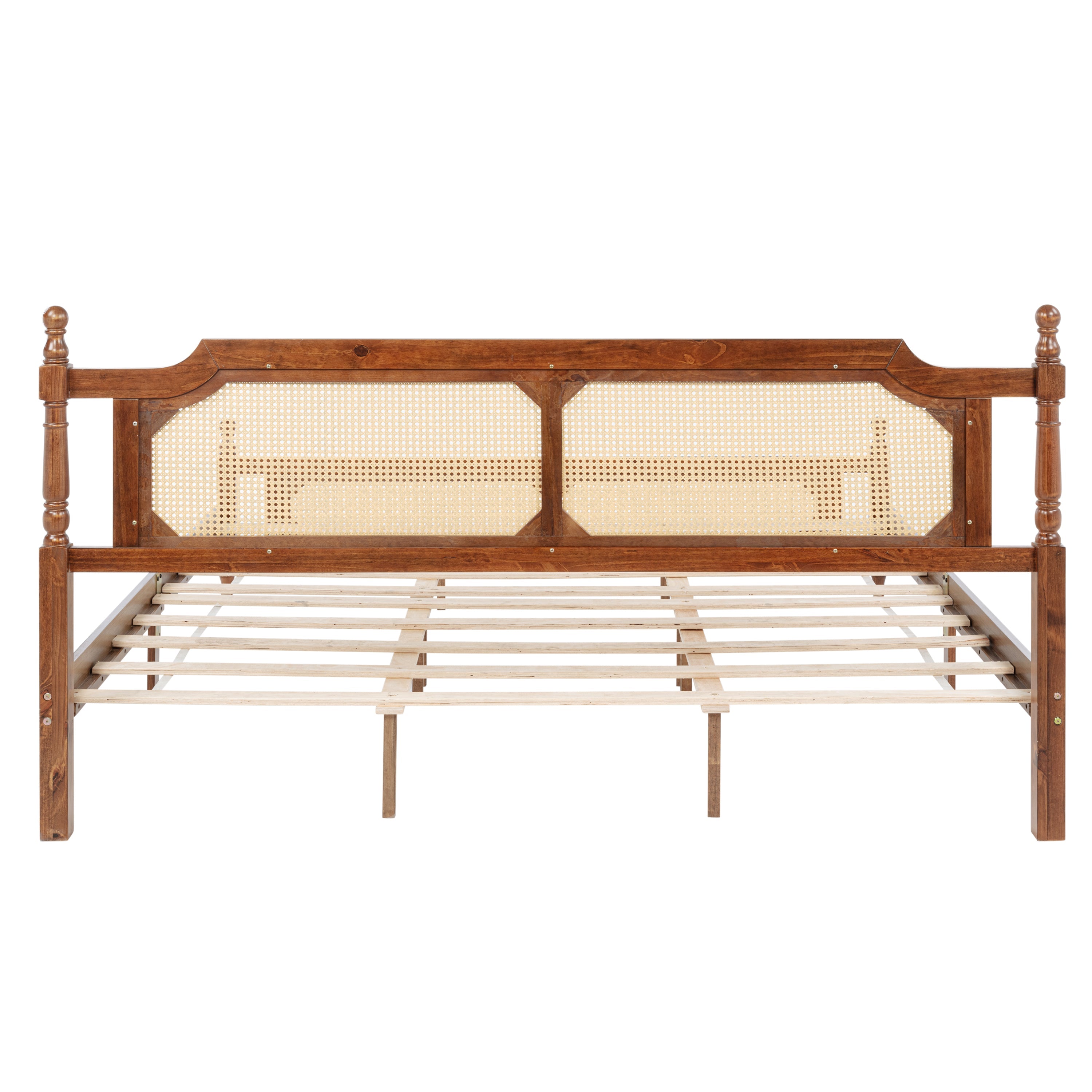 King Pine wooden Bed with Rattan Headboard  and Footboard, with  Central Enhanced Bed Platform,Walnut