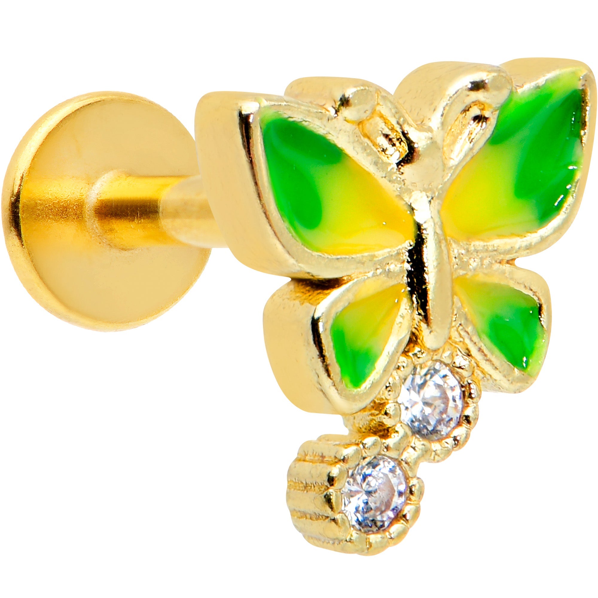 16G 1/4 Clear CZ Gem Gold Tone Green Butterfly Labret Tragus