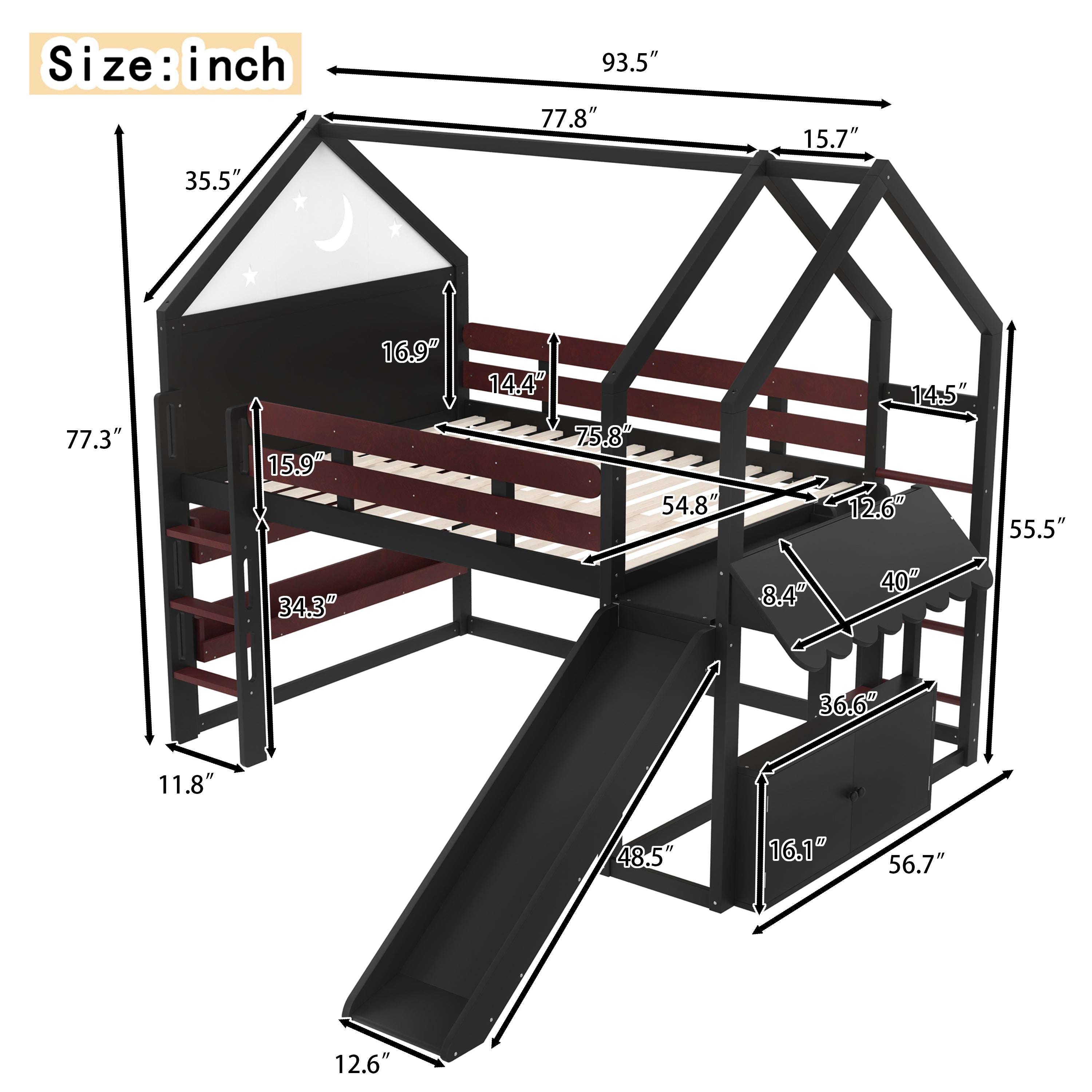 Full Size Loft Bed with Bookshelf Playful Design for Kids House-Shaped Structure with Slide High-Quality Safety Rails,Black.