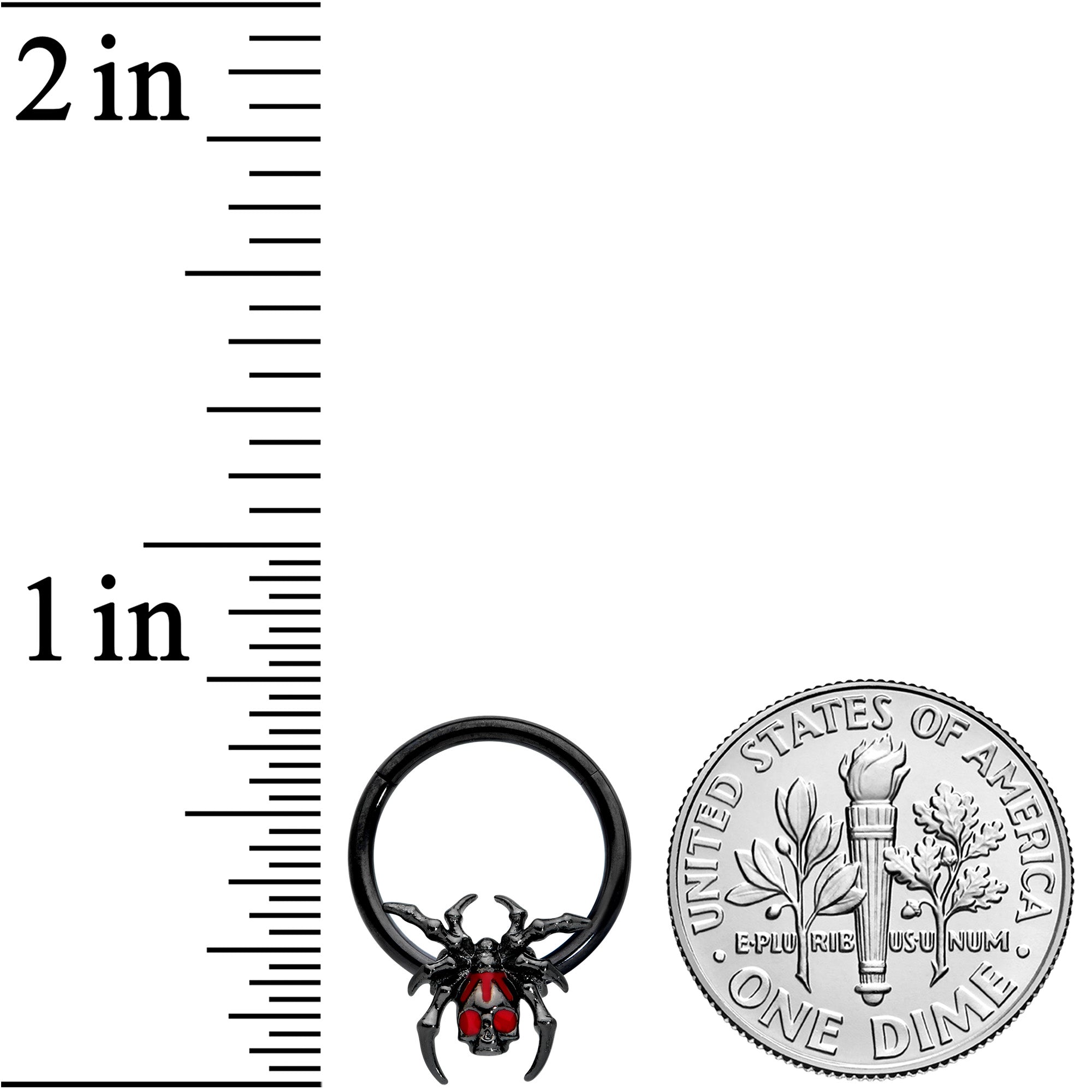 16G 3/8 Red Gem Black Spider Skull Halloween Hinged Segment Ring